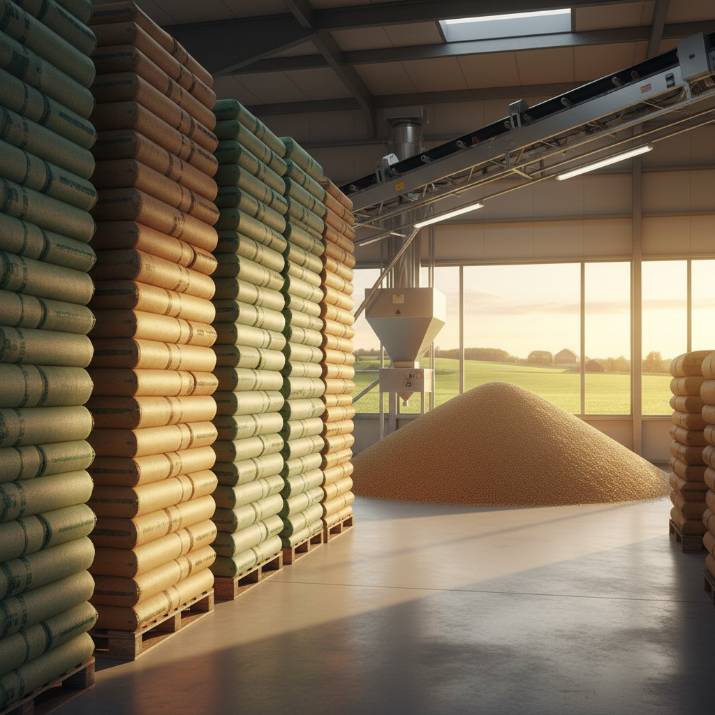 Plain woven polypropylene sacks filled with feed and seed stacked on a pallet