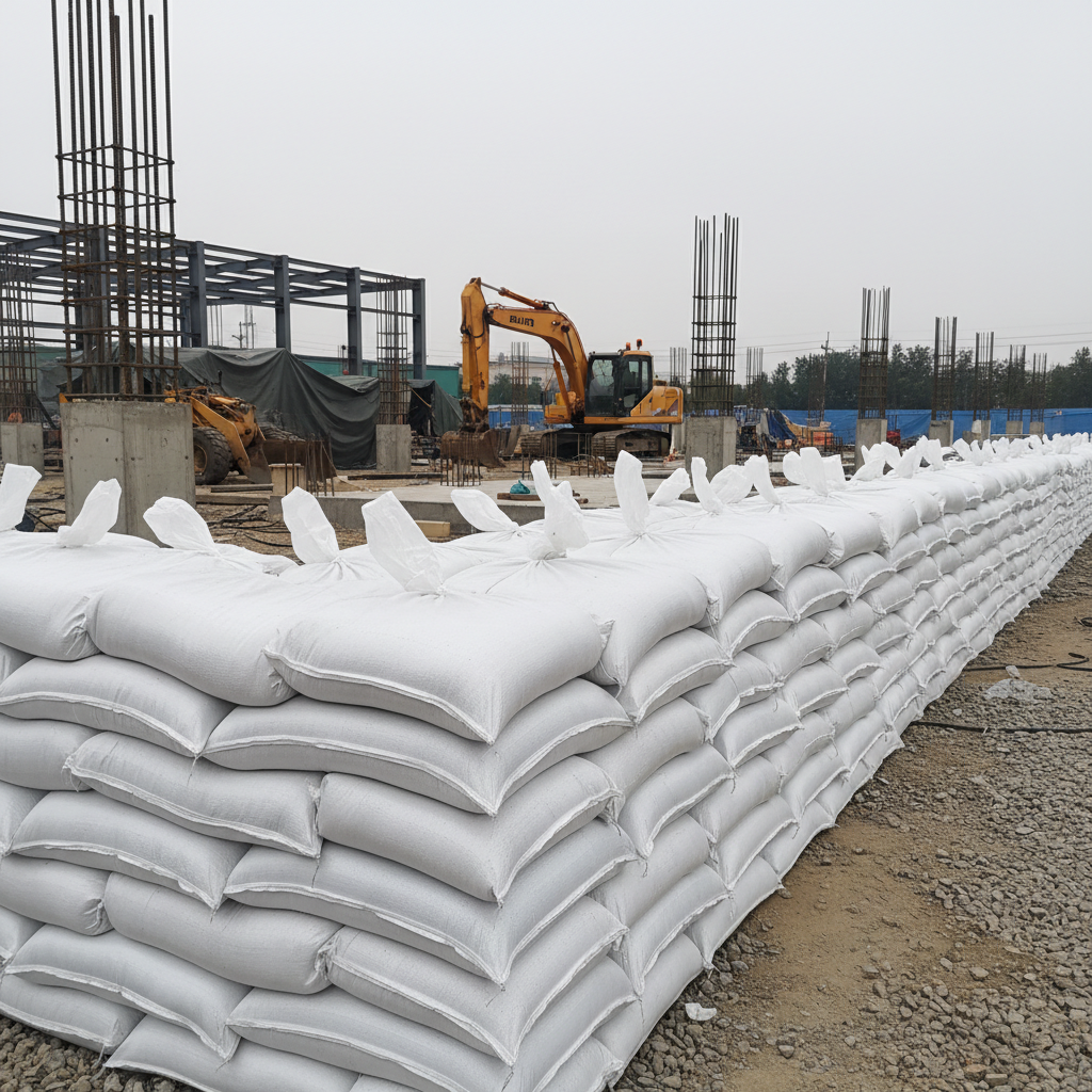UV-stabilized woven polypropylene sandbags stacked into a flood barrier wall