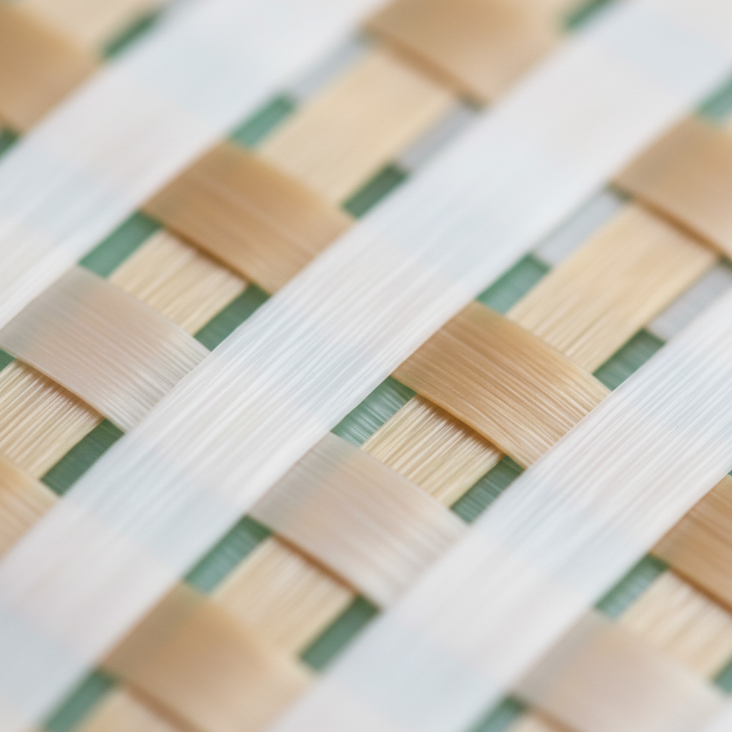 Close-up of woven polypropylene fabric showing the crossing tapes and a laminated coating